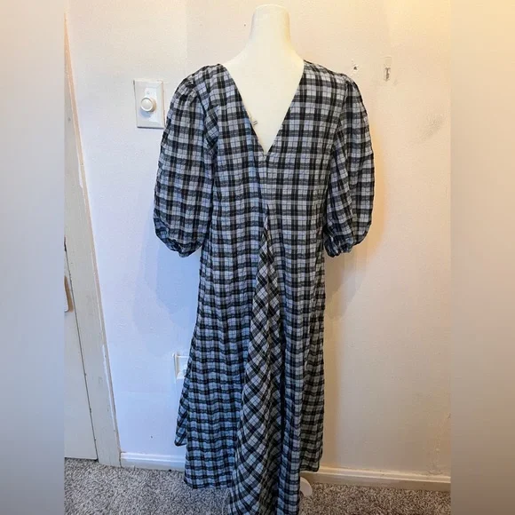 Ganni Seersucker Checkered Maxi Dress Blue/White Size 10 - Picture 3 of 6